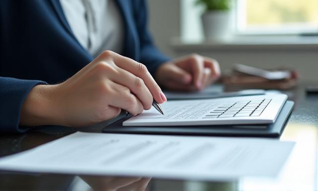 A legal professional reviewing complex clauses on a modern digital tablet in a bright office environment