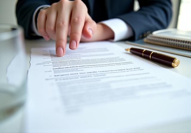 Legal professional reviewing a document at a desk